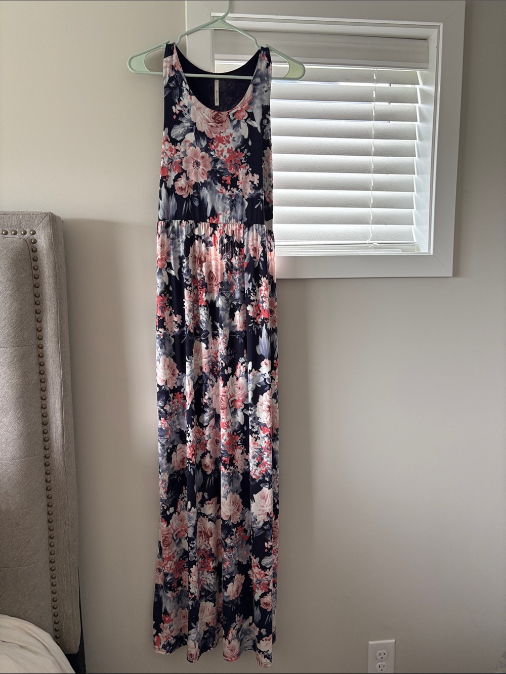 Sleeveless Navy Floral Maxi Dress with Pink Roses, with pockets, stretchy!